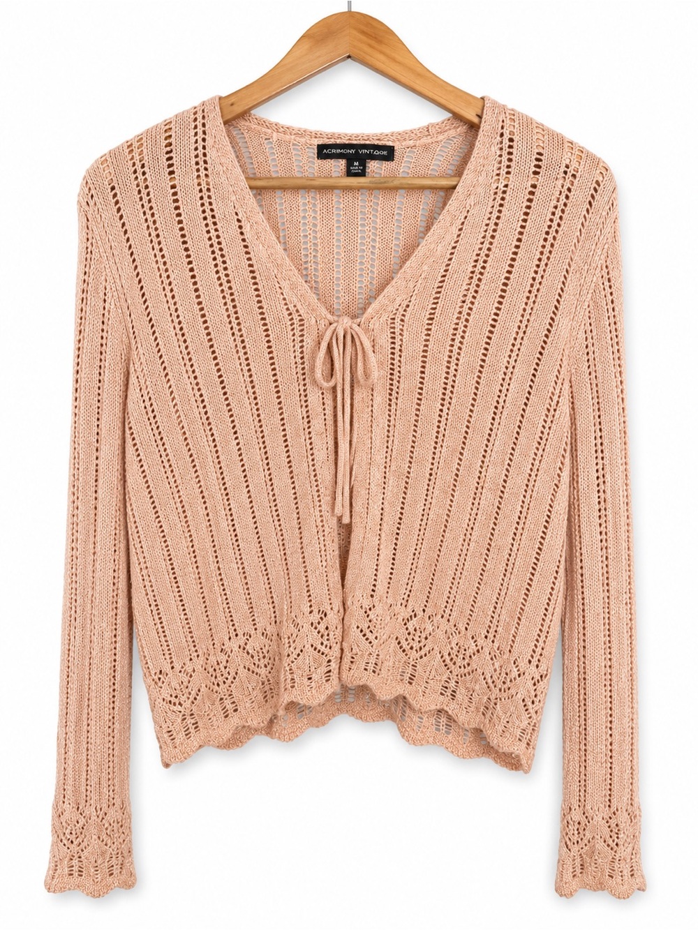 Adrienne Vittadini Peach metallic Openwork Tie-Front Cardigan